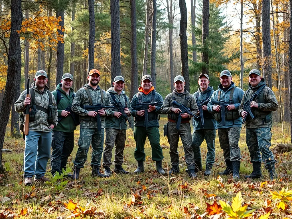 Hunters participating in a regulated hunting event, demonstrating responsible hunting practices and community involvement organized by AMICALE DE CHASSE DE CAUD.