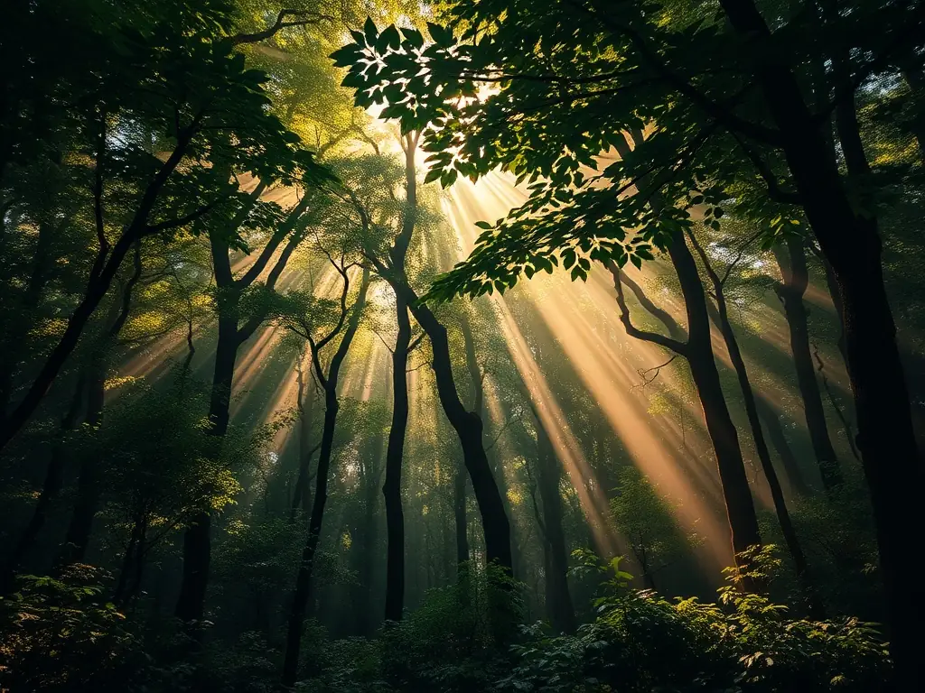 A lush forest scene with diverse plant life, representing habitat protection and biodiversity enhancement efforts by AMICALE DE CHASSE DE CAUD.